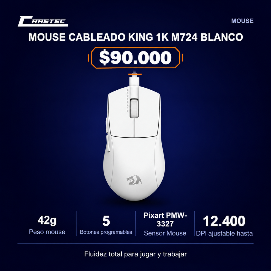 Mouse Cableado KING 1K M724 Blanco